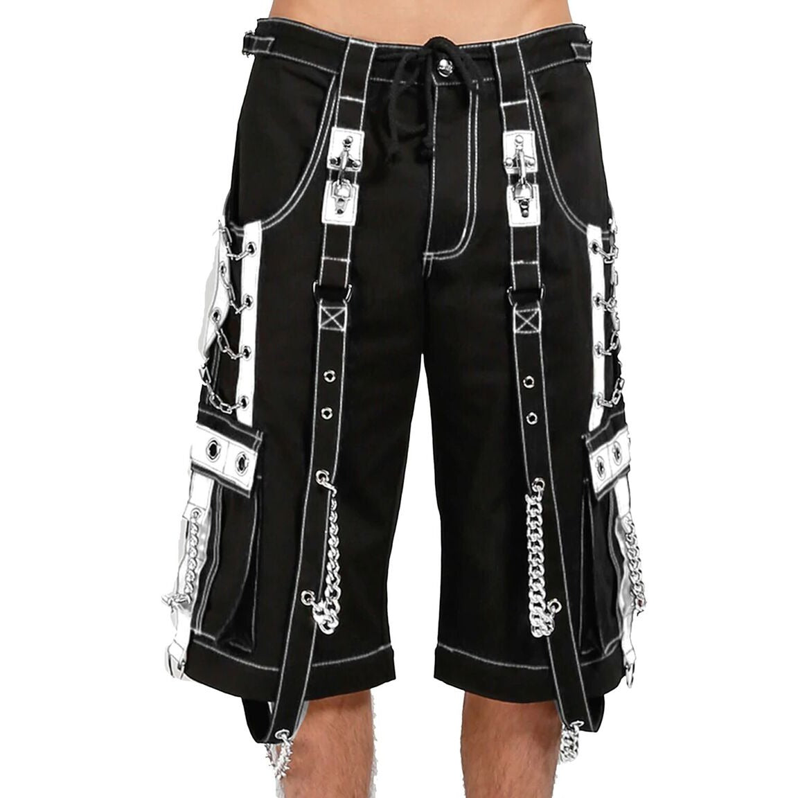 Mens Gothic Punk Black White Bondage Trip Pant Chain Techno Rock Punk Shorts Unisex