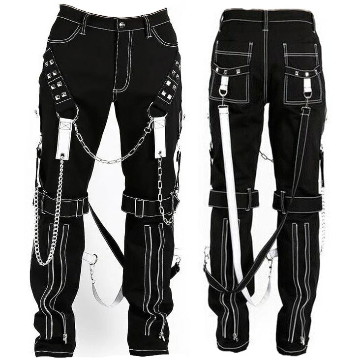 Mens Gothic Bondage Black Pant Rock Hard Trouser Heavy Weight Emo Pants Unisex