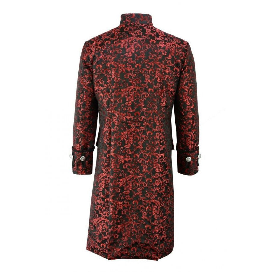 Renaissance Men’s Red Brocade Goth Steampunk Victorian Velvet Frock Coat