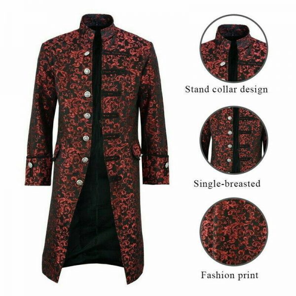 Renaissance Men’s Red Brocade Goth Steampunk Victorian Velvet Frock Coat