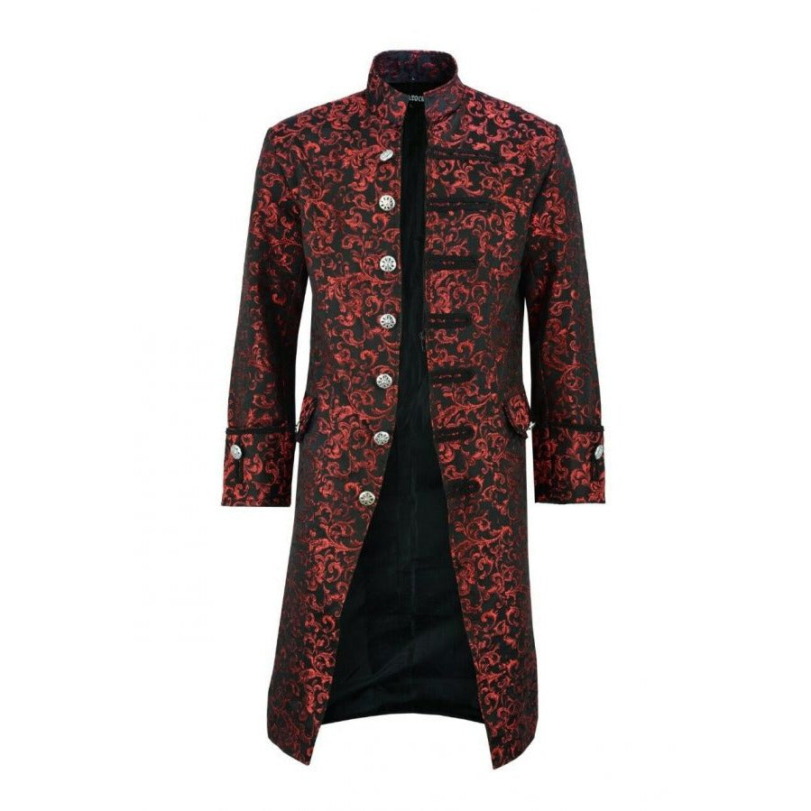 Renaissance Men’s Red Brocade Goth Steampunk Victorian Velvet Frock Coat