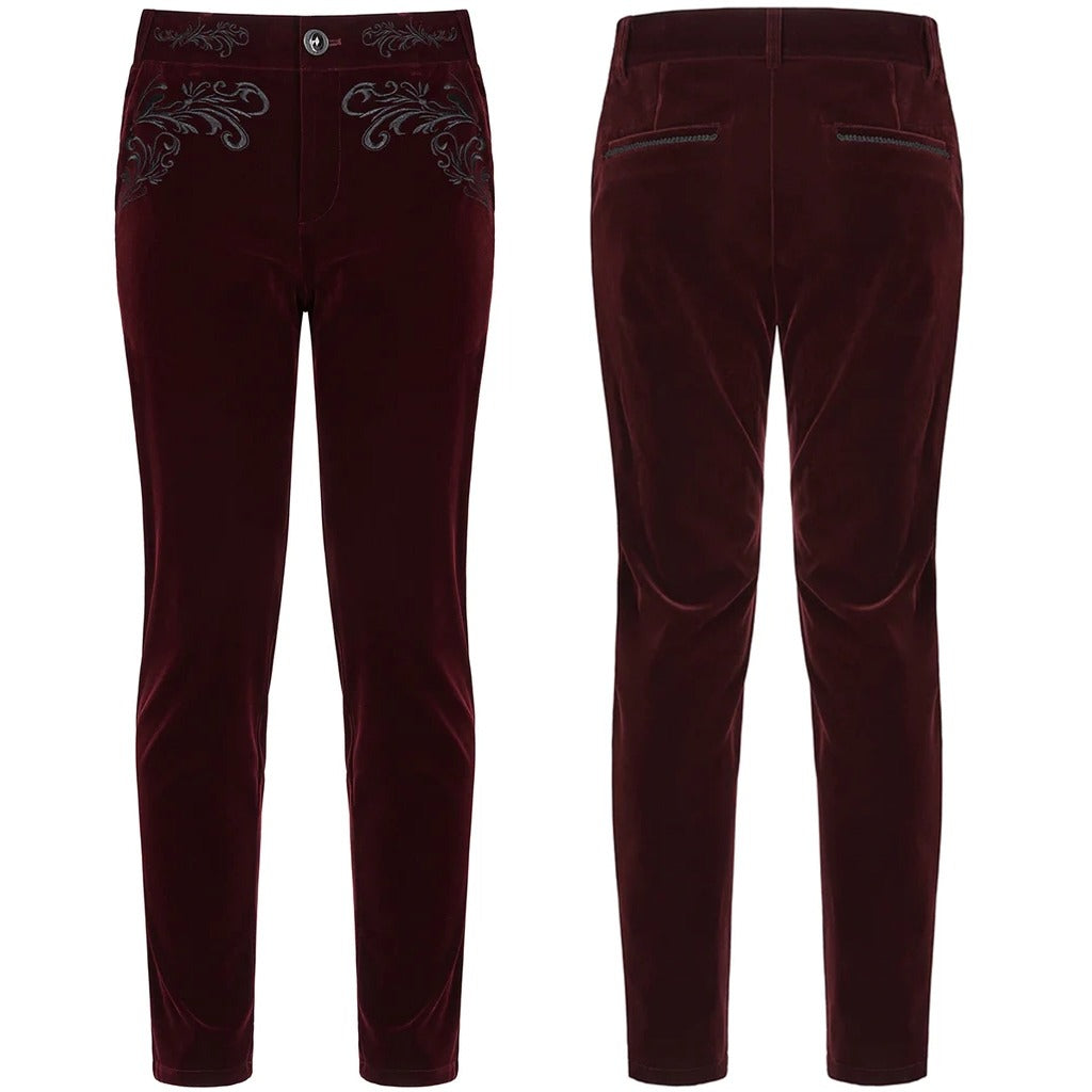 Mens Red Velvet Embroidery Gothic Regency Dress Pants Velvet Pant