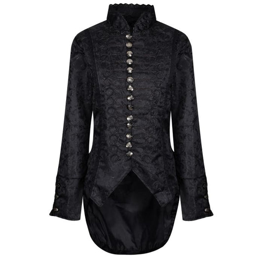 Women’s Handmade Black Brocade Gothic Victorian Steampunk Gothic Long Coat/Black Coat